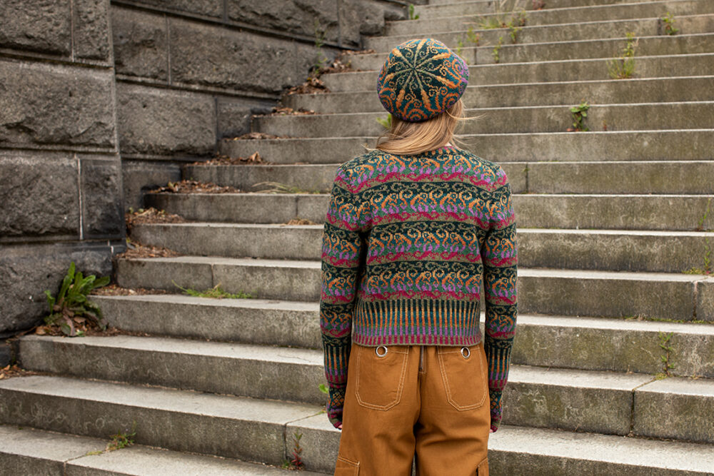 Firebirds Cardigan and Hat Set patterncard kit designs by Jade Starmore in Hebridean 2 Ply yarn