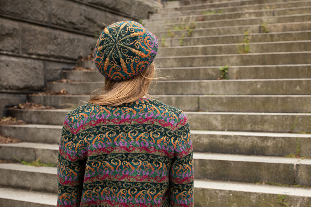 Firebirds Cardigan and Hat Set patterncard kit designs by Jade Starmore in Hebridean 2 Ply yarn