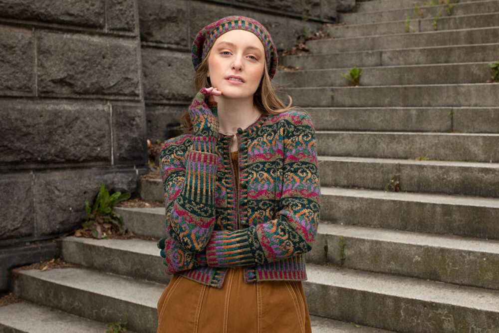 Firebirds Cardigan and Hat Set patterncard kit designs by Jade Starmore in Hebridean 2 Ply yarn