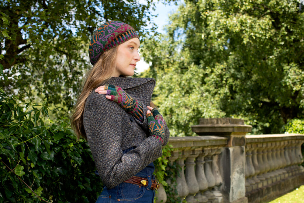 Firebirds Hat Set patterncard kit design by Jade Starmore in Hebridean 2 Ply yarn