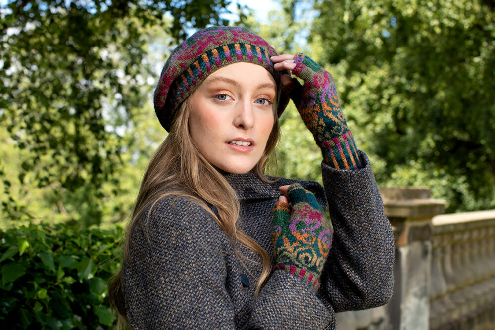 Firebirds Hat Set patterncard kit design by Jade Starmore in Hebridean 2 Ply yarn