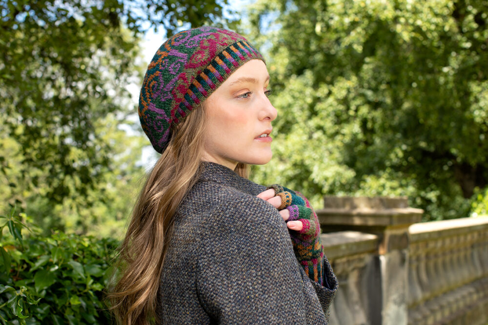 Firebirds Hat Set patterncard kit design by Jade Starmore in Hebridean 2 Ply yarn