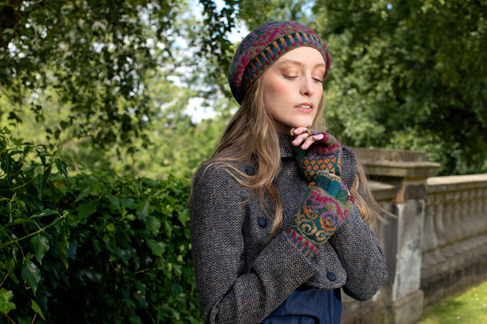 Firebirds Hat Set patterncard kit design by Jade Starmore in Hebridean 2 Ply yarn