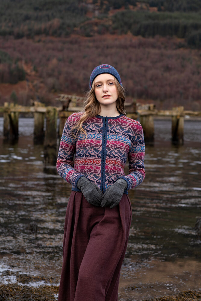 Erin Cardigan patterncard kit design, Erin Hat from Creative Course 1 and Erin woven wrap by Alice Starmore in Hebridean 2 Ply yarn