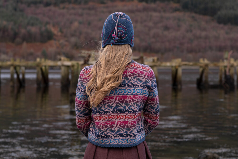 Erin Cardigan patterncard kit design, Erin Hat from Creative Course 1 and Erin woven wrap by Alice Starmore in Hebridean 2 Ply yarn