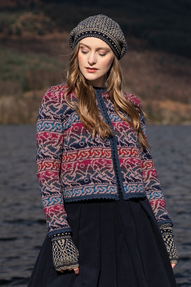 Erin Cardigan and Briodag Hat Set patterncard kits by Alice Starmore in Hebridean 2 Ply yarn