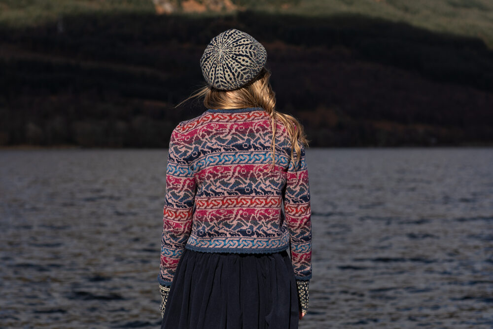 Erin Cardigan and Briodag Hat Set patterncard kits by Alice Starmore in Hebridean 2 Ply yarn