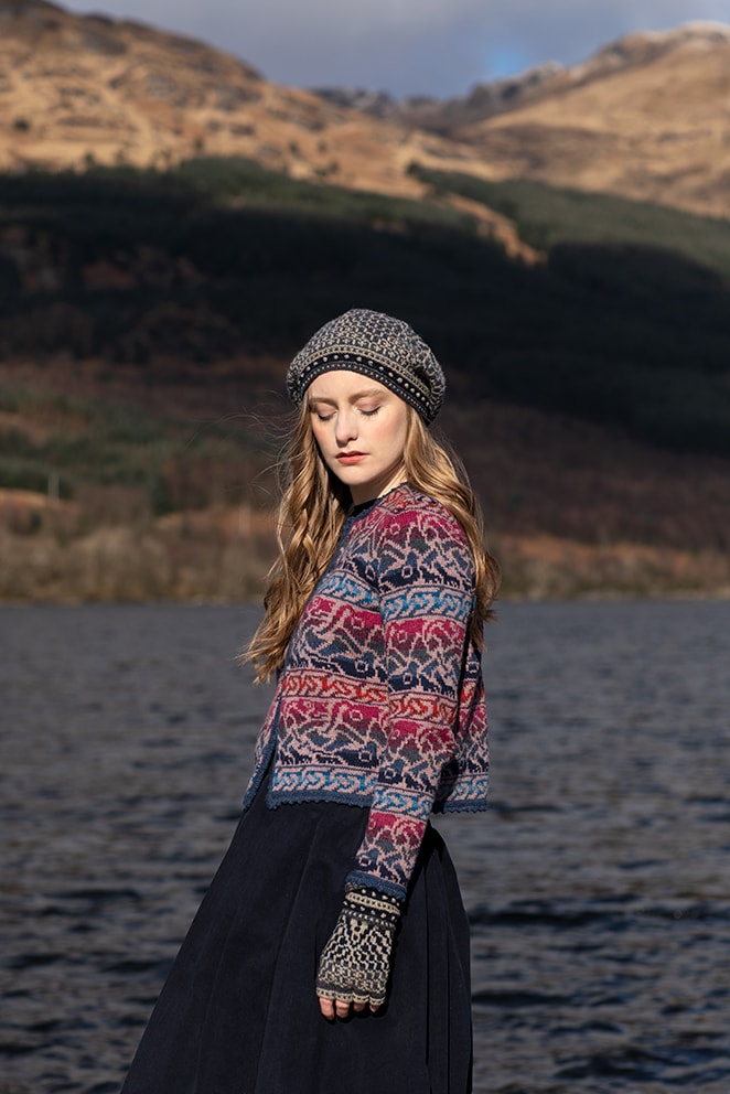 Erin Cardigan and Briodag Hat Set patterncard kits by Alice Starmore in Hebridean 2 Ply yarn