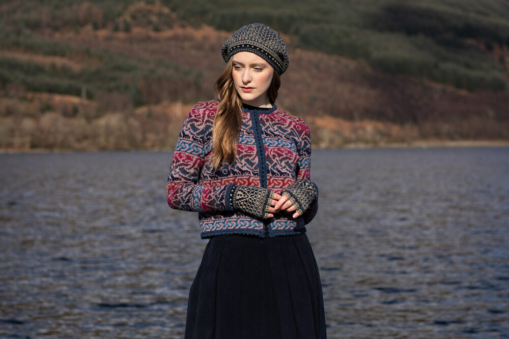 Erin Cardigan and Briodag Hat Set patterncard kits by Alice Starmore in Hebridean 2 Ply yarn