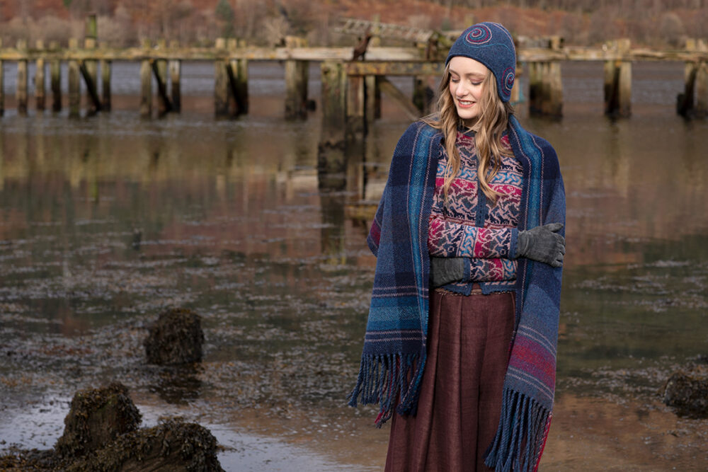 Erin Cardigan patterncard kit design, Erin Hat from Creative Course 1 and Erin woven wrap by Alice Starmore in Hebridean 2 Ply yarn