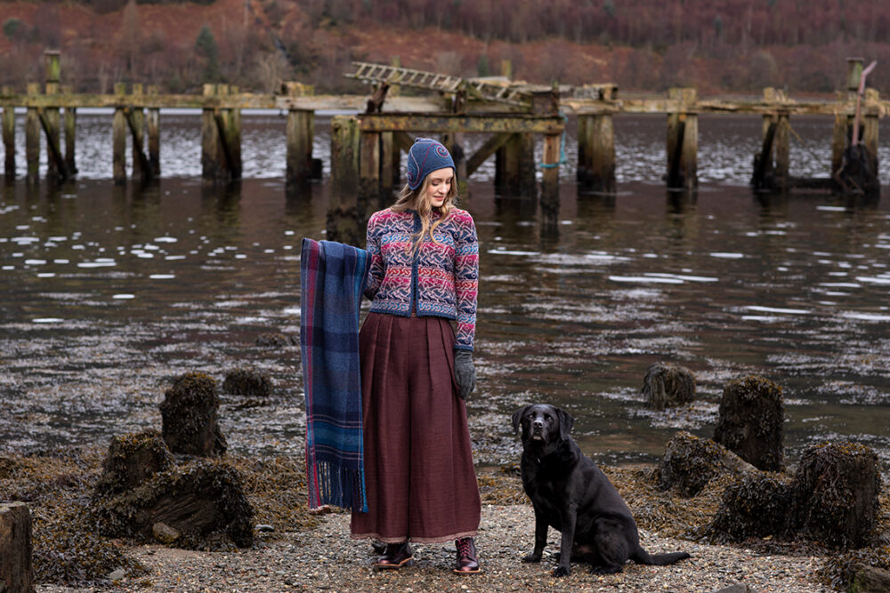 Erin Cardigan patterncard kit design, Erin Hat from Creative Course 1 and Erin woven wrap by Alice Starmore in Hebridean 2 Ply yarn