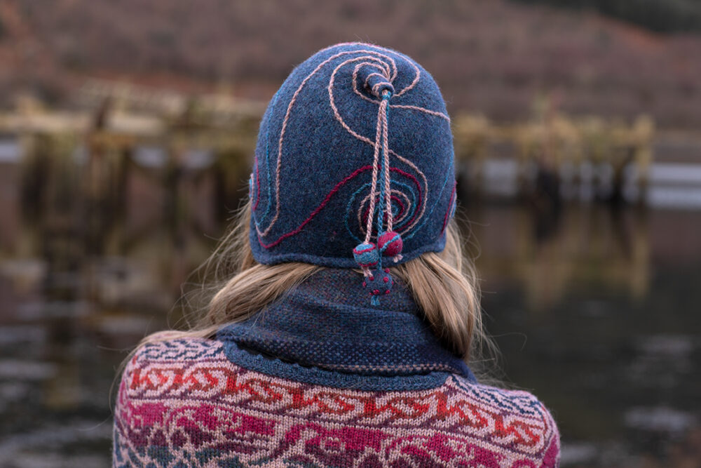 Erin Cardigan patterncard kit design, Erin Hat from Creative Course 1 and Erin woven wrap by Alice Starmore in Hebridean 2 Ply yarn