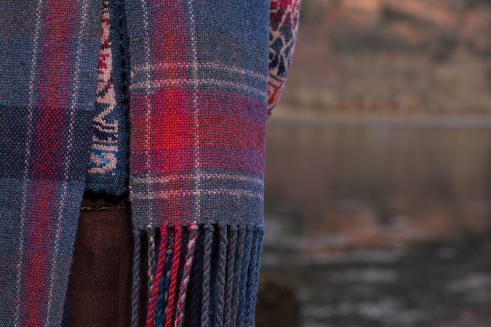 Erin Cardigan patterncard kit design, Erin Hat from Creative Course 1 and Erin woven wrap by Alice Starmore in Hebridean 2 Ply yarn