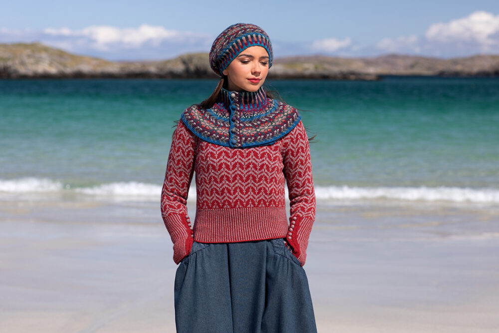 Boreray Pullover and Marina Set patterncard kit designs and Am Baile woven wrap by Alice Starmore in Hebridean 2 Ply yarn