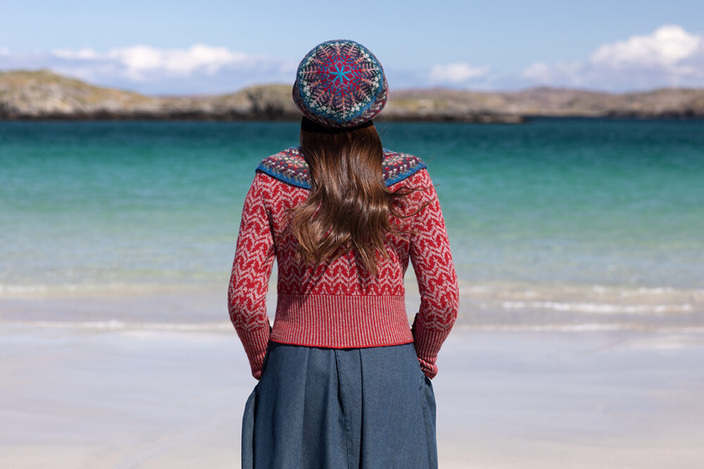 Boreray Pullover and Marina Set patterncard kit designs and Am Baile woven wrap by Alice Starmore in Hebridean 2 Ply yarn