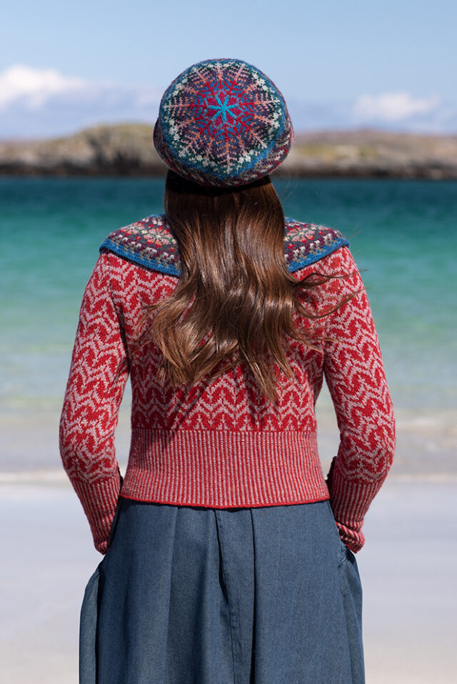 Boreray Pullover and Marina Set patterncard kit designs and Am Baile woven wrap by Alice Starmore in Hebridean 2 Ply yarn