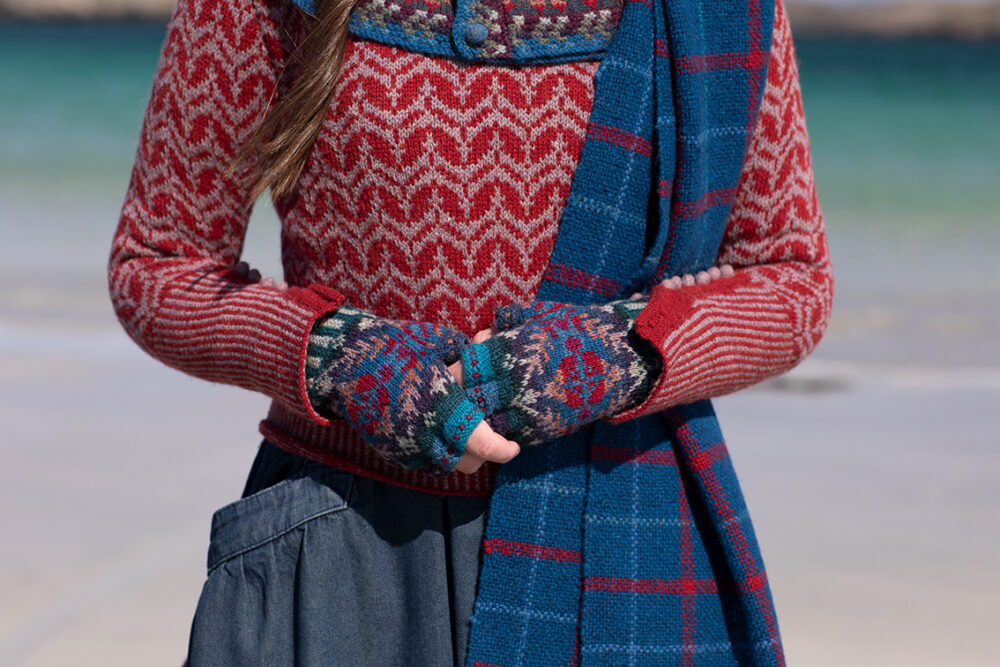 Boreray Pullover and Marina Set patterncard kit designs and Am Baile woven wrap by Alice Starmore in Hebridean 2 Ply yarn