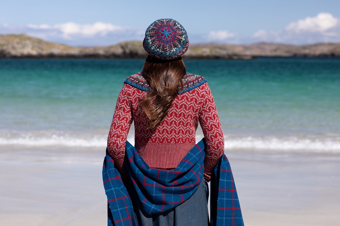 Boreray Pullover and Marina Set patterncard kit designs and Am Baile woven wrap by Alice Starmore in Hebridean 2 Ply yarn