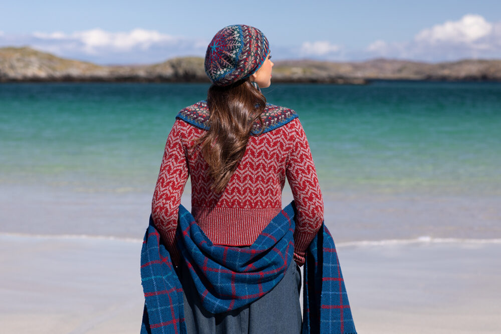 Boreray Pullover and Marina Set patterncard kit designs and Am Baile woven wrap by Alice Starmore in Hebridean 2 Ply yarn