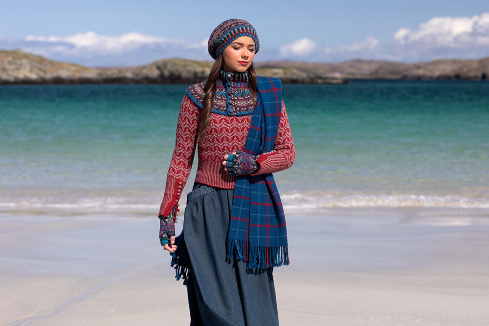 Boreray Pullover and Marina Set patterncard kit designs and Am Baile woven wrap by Alice Starmore in Hebridean 2 Ply yarn