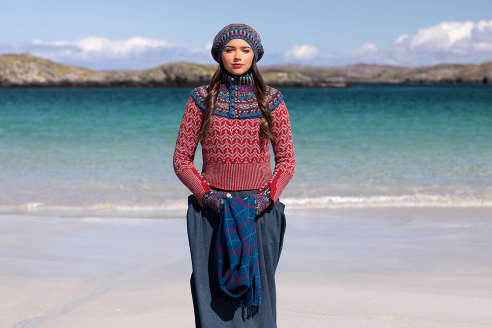 Boreray Pullover and Marina Set patterncard kit designs and Am Baile woven wrap by Alice Starmore in Hebridean 2 Ply yarn