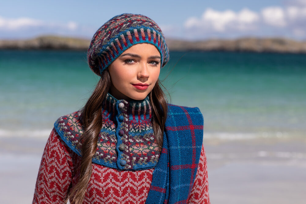 Boreray Pullover and Marina Set patterncard kit designs and Am Baile woven wrap by Alice Starmore in Hebridean 2 Ply yarn