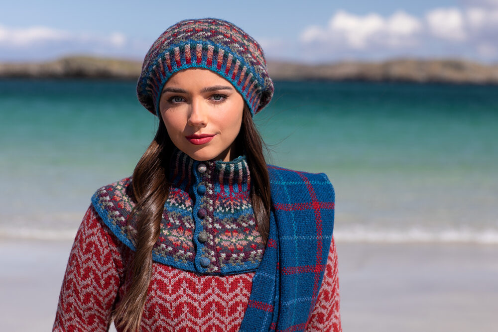 Boreray Pullover and Marina Set patterncard kit designs and Am Baile woven wrap by Alice Starmore in Hebridean 2 Ply yarn