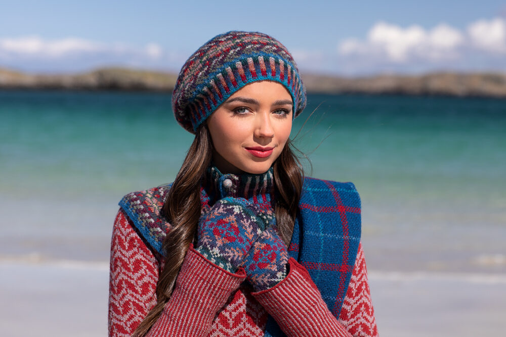 Boreray Pullover and Marina Set patterncard kit designs and Am Baile woven wrap by Alice Starmore in Hebridean 2 Ply yarn