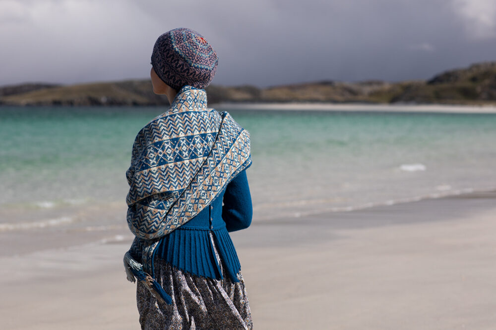 Ripple Wrap, Sulaire Spencer and Hirta Hat Set patterncard kit designs by Alice Starmore in Hebridean 2 Ply yarn