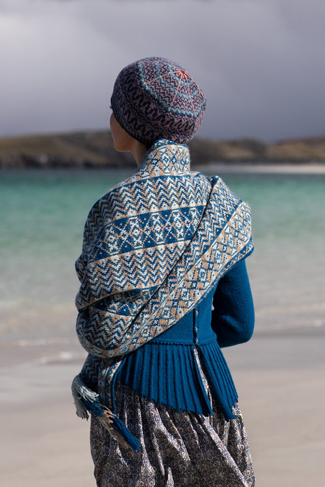 Ripple Wrap, Sulaire Spencer and Hirta Hat Set patterncard kit designs by Alice Starmore in Hebridean 2 Ply yarn