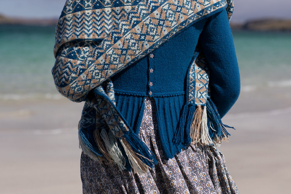 Ripple Wrap, Sulaire Spencer and Hirta Hat Set patterncard kit designs by Alice Starmore in Hebridean 2 Ply yarn