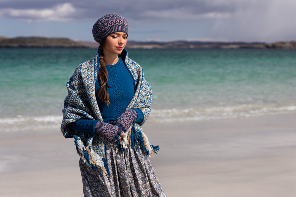 Ripple Wrap, Sulaire Spencer and Hirta Hat Set patterncard kit designs by Alice Starmore in Hebridean 2 Ply yarn