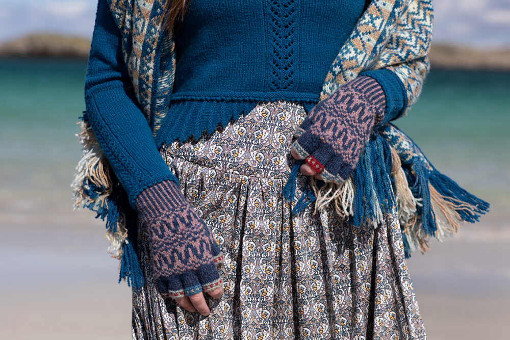 Ripple Wrap, Sulaire Spencer and Hirta Hat Set patterncard kit designs by Alice Starmore in Hebridean 2 Ply yarn
