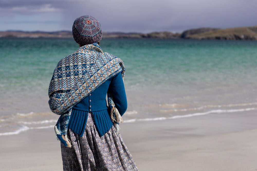 Ripple Wrap, Sulaire Spencer and Hirta Hat Set patterncard kit designs by Alice Starmore in Hebridean 2 Ply yarn