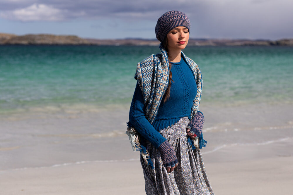 Ripple Wrap, Sulaire Spencer and Hirta Hat Set patterncard kit designs by Alice Starmore in Hebridean 2 Ply yarn