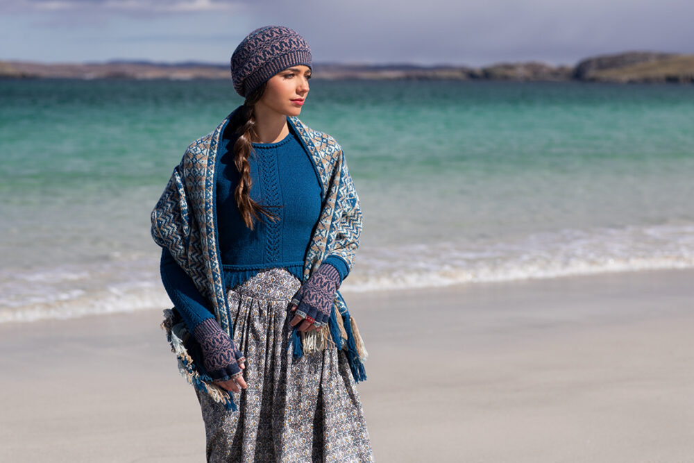 Ripple Wrap, Sulaire Spencer and Hirta Hat Set patterncard kit designs by Alice Starmore in Hebridean 2 Ply yarn