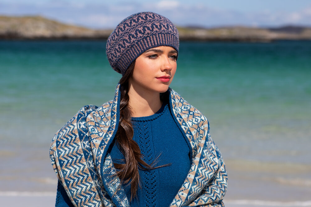 Ripple Wrap, Sulaire Spencer and Hirta Hat Set patterncard kit designs by Alice Starmore in Hebridean 2 Ply yarn