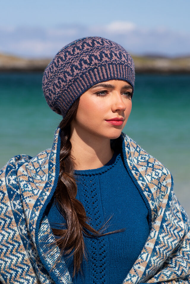 Ripple Wrap, Sulaire Spencer and Hirta Hat Set patterncard kit designs by Alice Starmore in Hebridean 2 Ply yarn