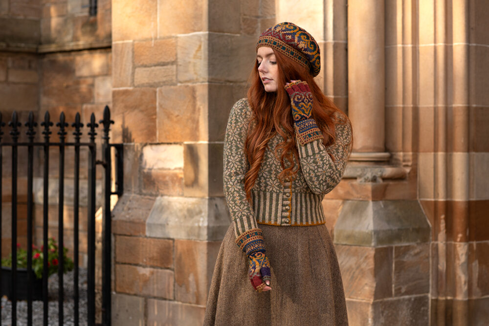 Henry VIII Hat Set and Polaris Cardigan patterncard kit designs by Alice Starmore in Hebridean 2 Ply yarn