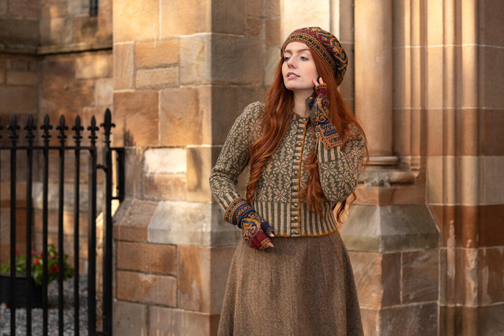 Henry VIII Hat Set and Polaris Cardigan patterncard kit designs by Alice Starmore in Hebridean 2 Ply yarn