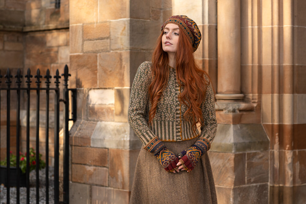 Henry VIII Hat Set and Polaris Cardigan patterncard kit designs by Alice Starmore in Hebridean 2 Ply yarn