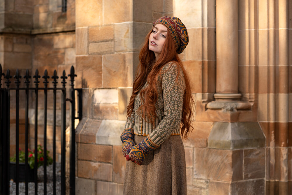 Henry VIII Hat Set and Polaris Cardigan patterncard kit designs by Alice Starmore in Hebridean 2 Ply yarn