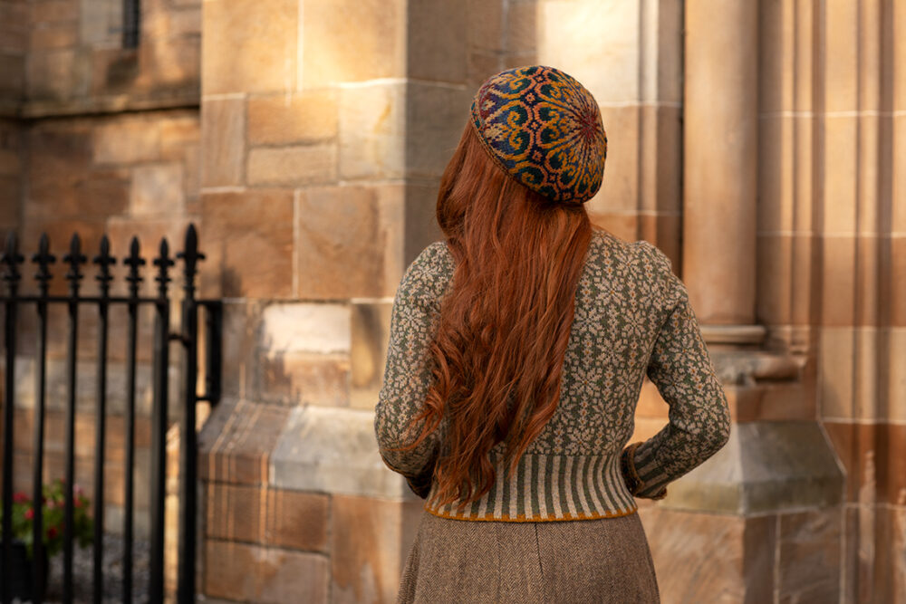 Henry VIII Hat Set and Polaris Cardigan patterncard kit designs by Alice Starmore in Hebridean 2 Ply yarn