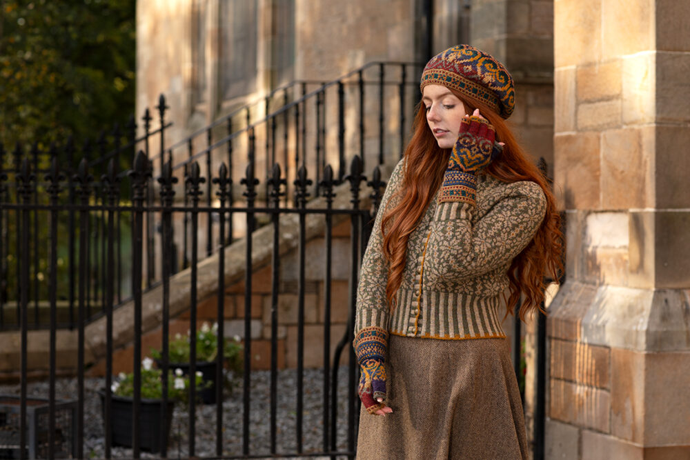Henry VIII Hat Set and Polaris Cardigan patterncard kit designs by Alice Starmore in Hebridean 2 Ply yarn