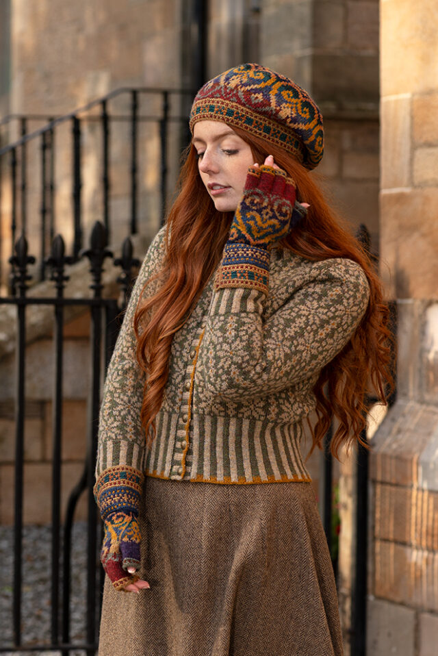 Henry VIII Hat Set and Polaris Cardigan patterncard kit designs by Alice Starmore in Hebridean 2 Ply yarn
