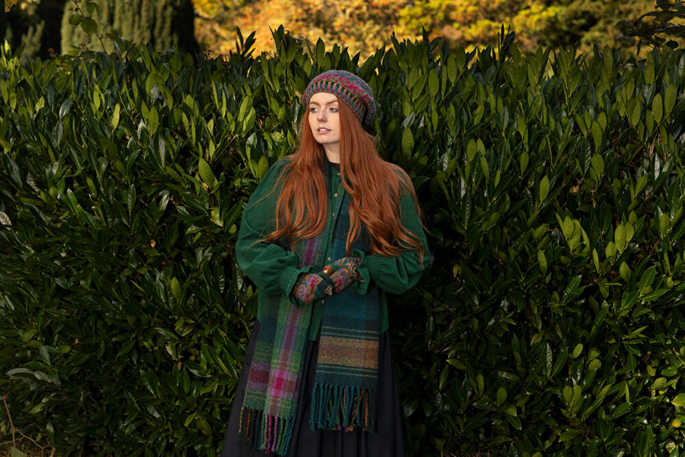 Firebirds Hat Set patterncard kit designs by Jade Starmore and Firebirds Woven Scarf design by Alice Starmore in Hebridean 2 Ply yarn
