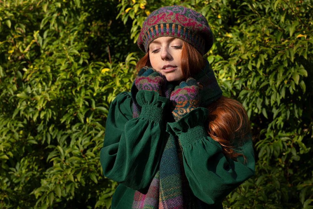 Firebirds Hat Set patterncard kit designs by Jade Starmore and Firebirds Woven Scarf design by Alice Starmore in Hebridean 2 Ply yarn
