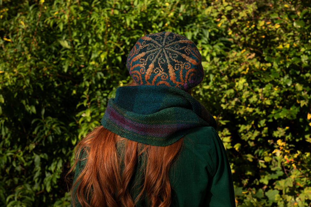 Firebirds Hat Set patterncard kit designs by Jade Starmore and Firebirds Woven Scarf design by Alice Starmore in Hebridean 2 Ply yarn