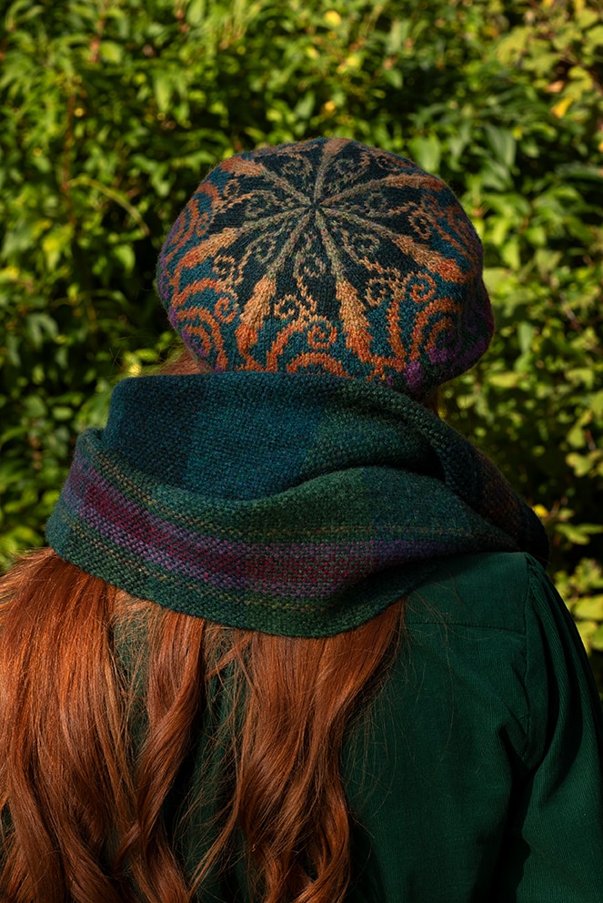Firebirds Hat Set patterncard kit designs by Jade Starmore and Firebirds Woven Scarf design by Alice Starmore in Hebridean 2 Ply yarn