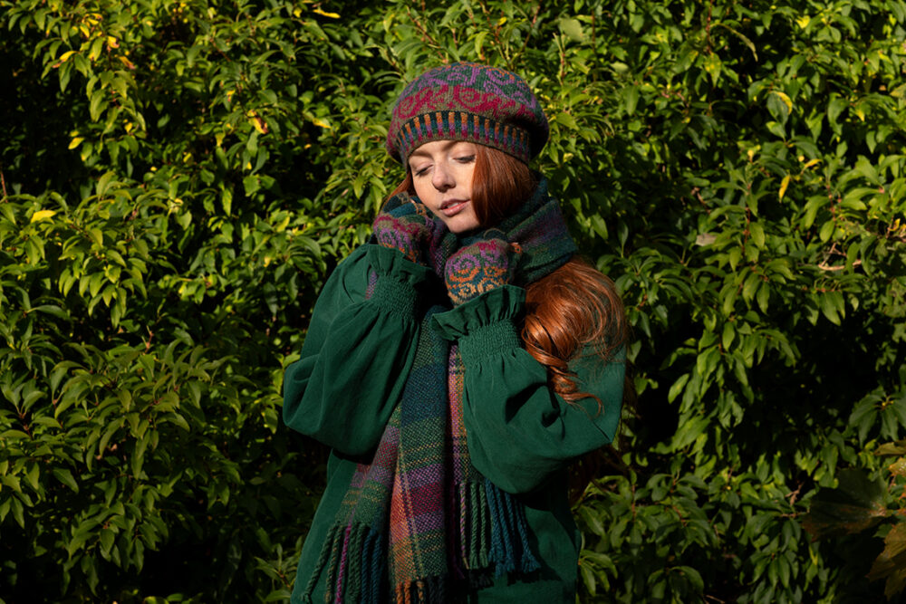 Firebirds Hat Set patterncard kit designs by Jade Starmore and Firebirds Woven Scarf design by Alice Starmore in Hebridean 2 Ply yarn
